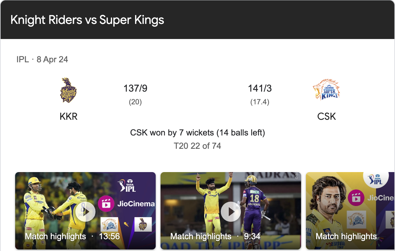 Chennai Super Kings vs Kolkata Knight Riders Match Scorecard