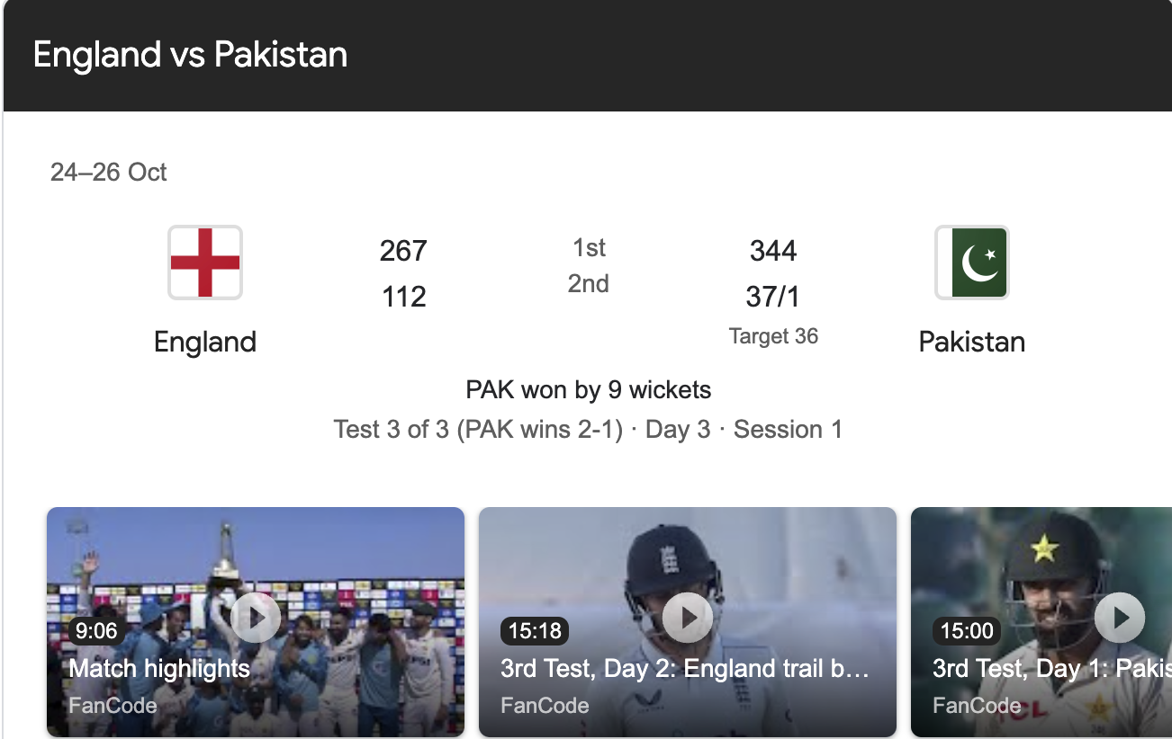 England Cricket Team Vs Pakistan National Cricket Team Match Scorecard